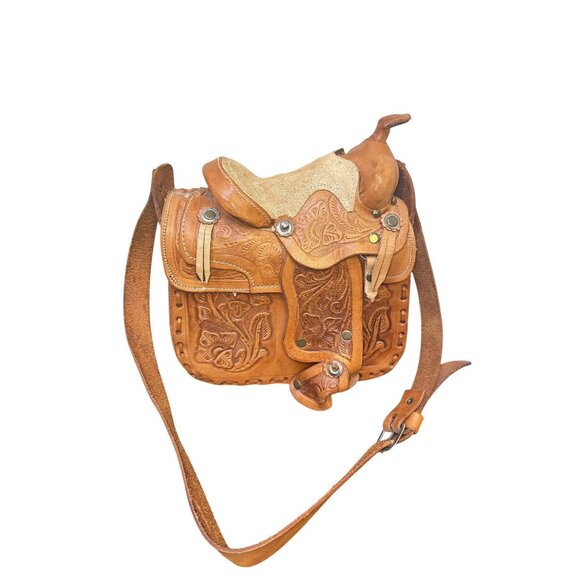 Handcrafted Western Saddle Shoulder Purse w/ Tooled Leather Floral Design - Picture 3 of 11